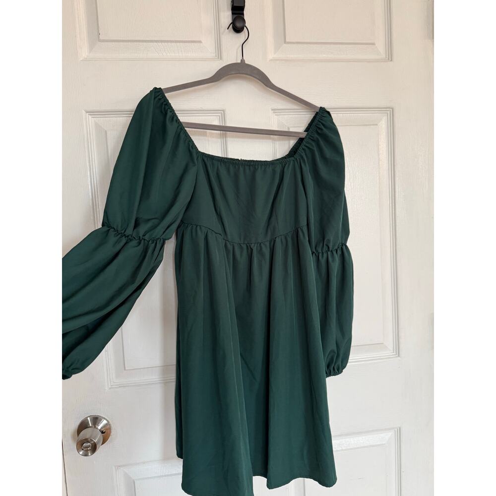 Exlura Square Neck Puff Sleeve Mini Dress – Dark Green – Size S